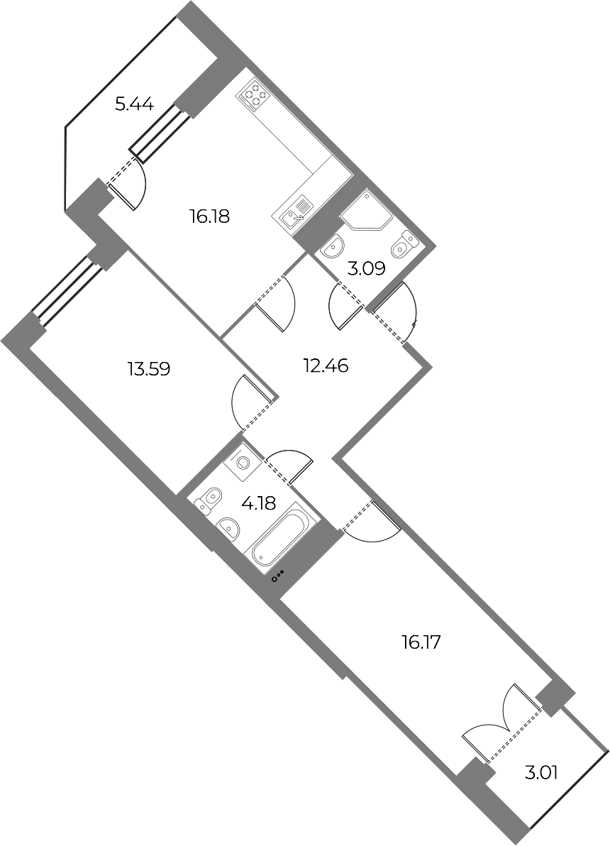 2-комнатная квартира 69.9 м², 16/18 эт., ЖК «Огни Залива»